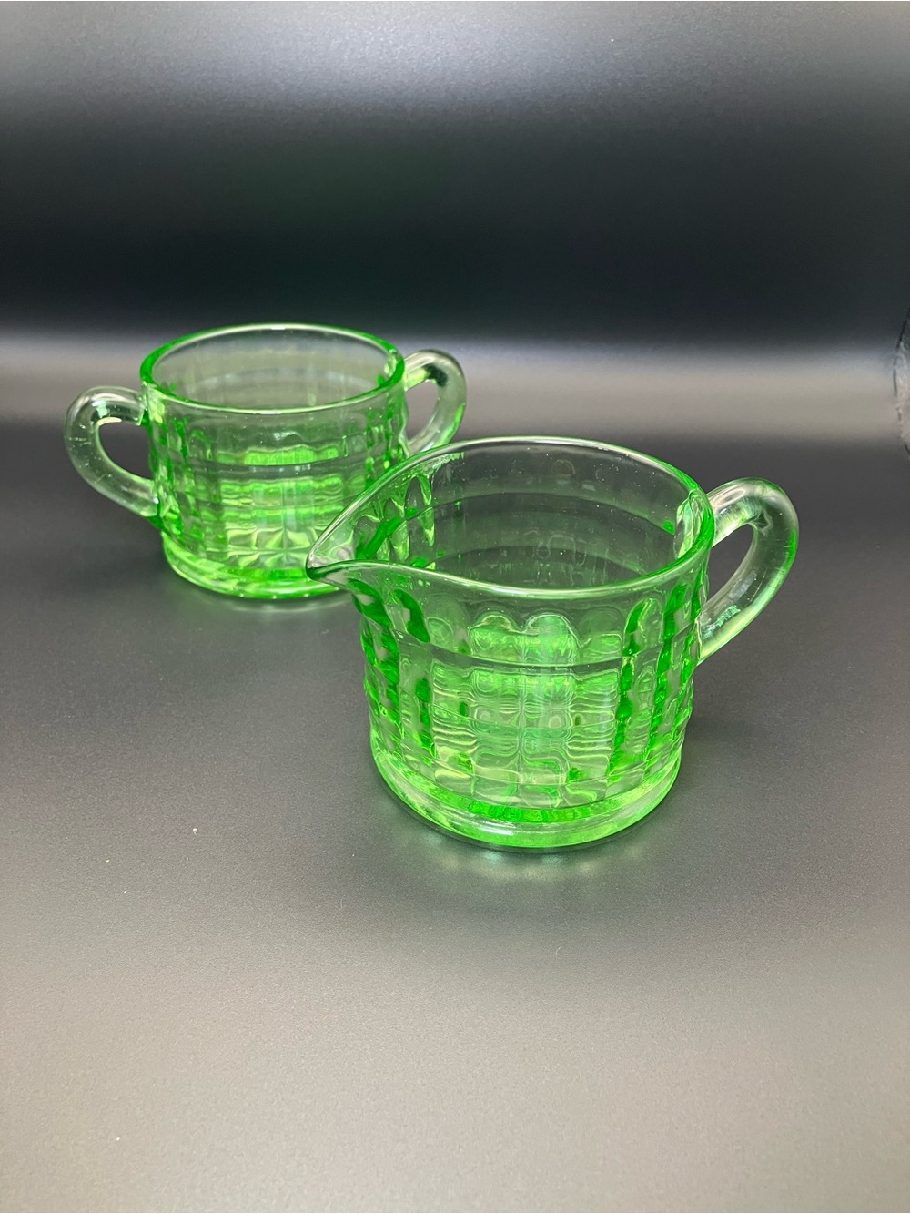Vintage Green Depression Glass Creamer and Sugar Set